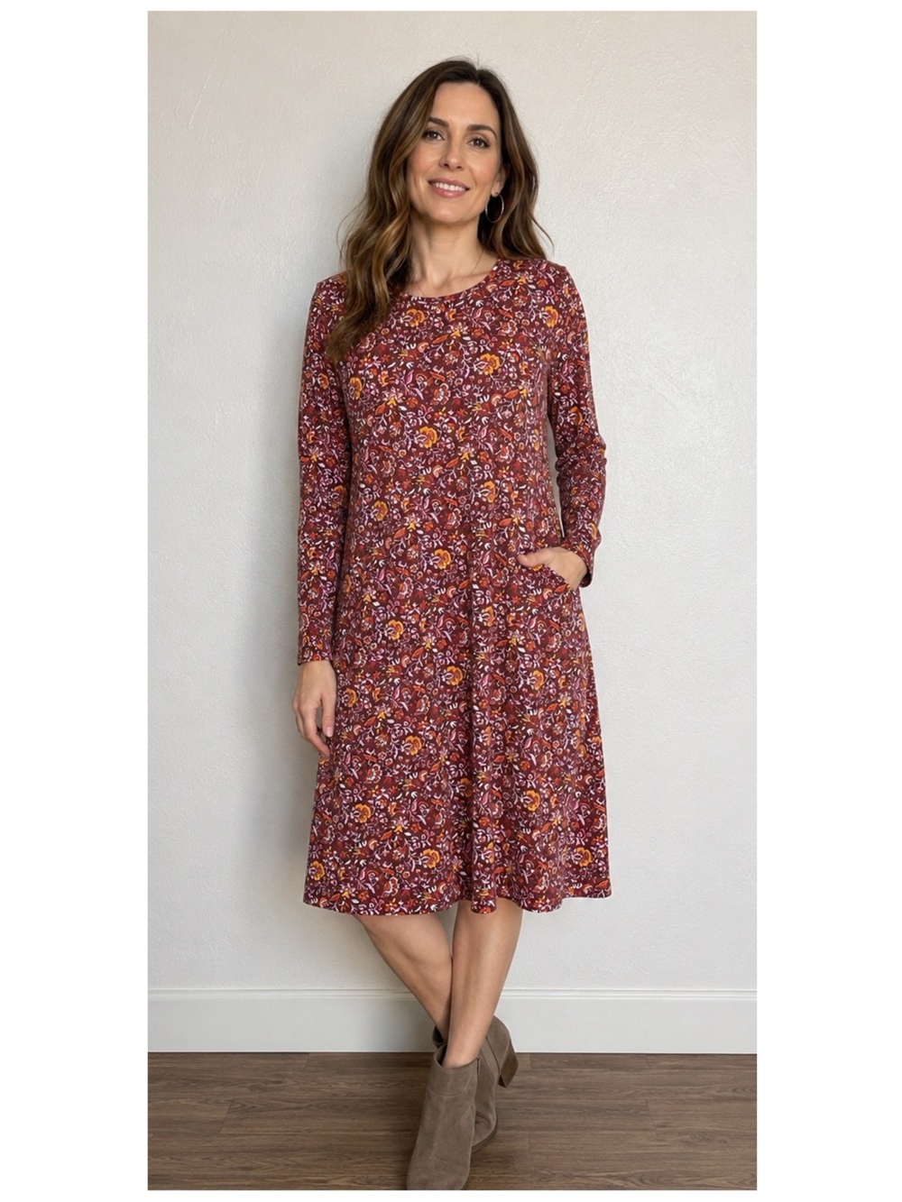 LAND’S END Women’s Size L Red Floral Print Peruvian‎ Knit Long Sleeve Midi Dress
